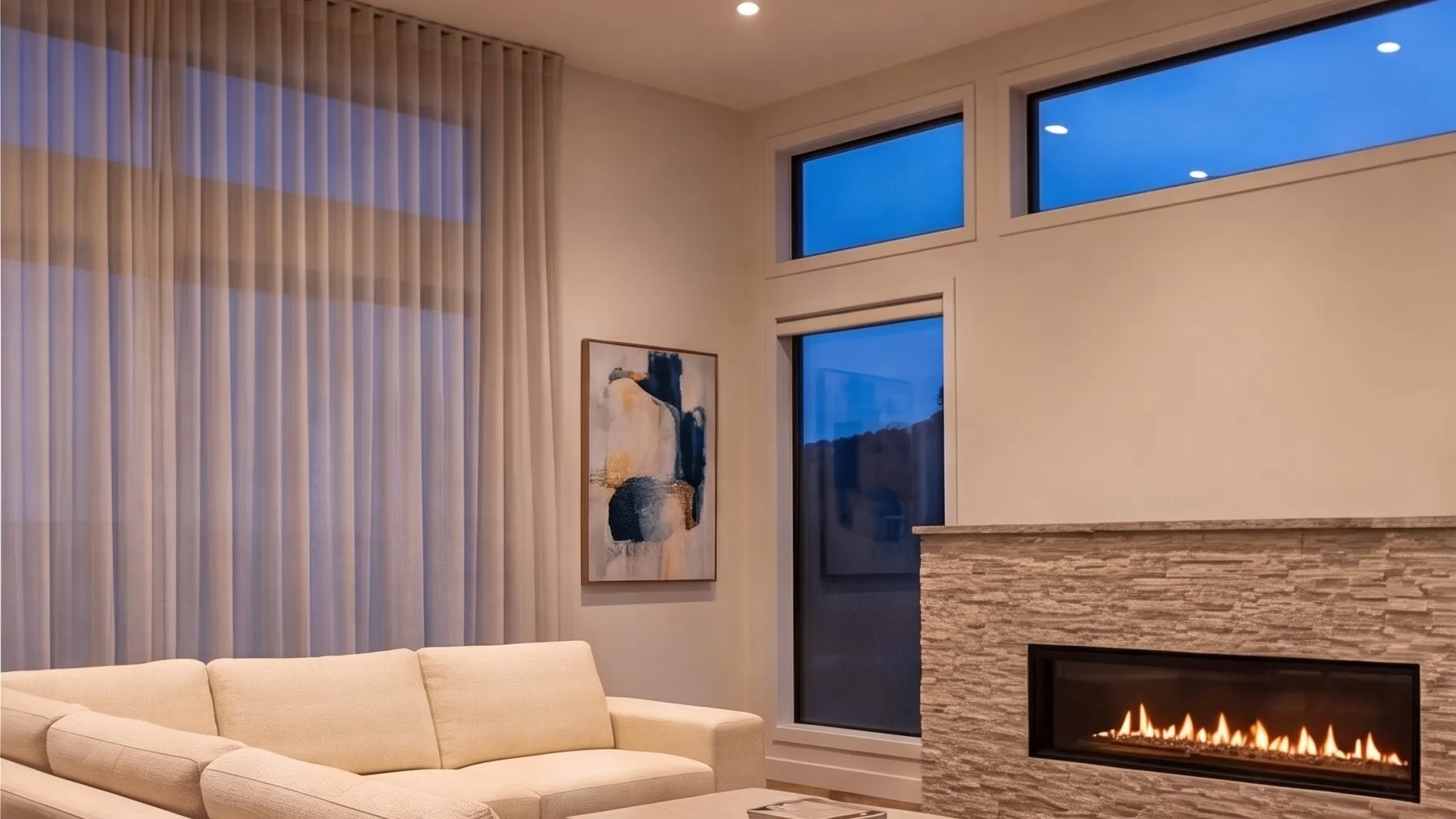 A living room at dusk: sheer curtain, framed painting, stone gas fireplace with a lit flame, linen sofa