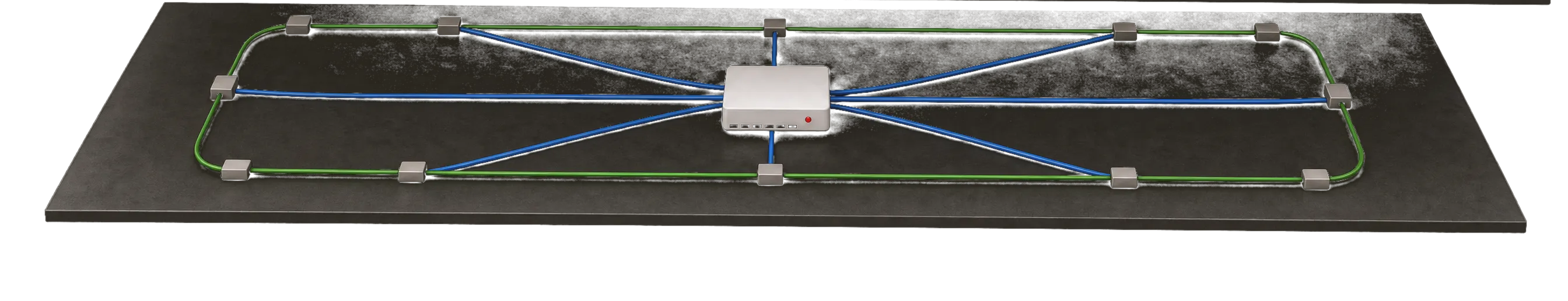 Wiring layer: a green KNX bus and a blue network cable star running to a central hub