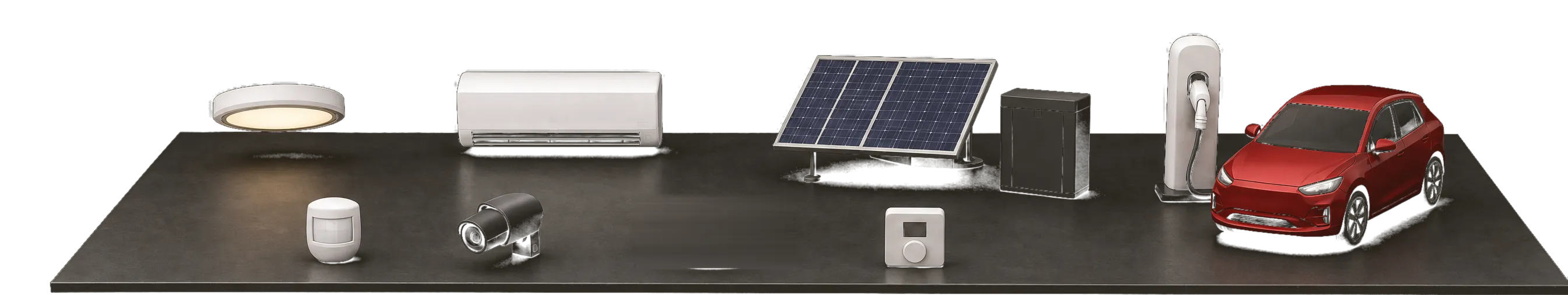 Devices layer: a ceiling light, air conditioner, solar panel, home battery, EV charger and car, motion sensor, camera, robot vacuum and thermostat